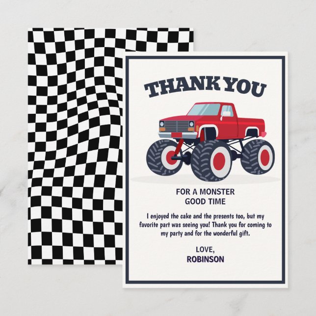 Smash Crash- Modern röd monstertruck födelsedag Tack Kort (Fram/baksida)