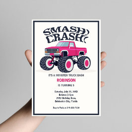 Smash Crash - Modern Rosa Monster Lastbil Birthday Inbjudningar