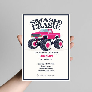 Smash Crash - Modern Rosa Monster Lastbil Birthday Inbjudningar
