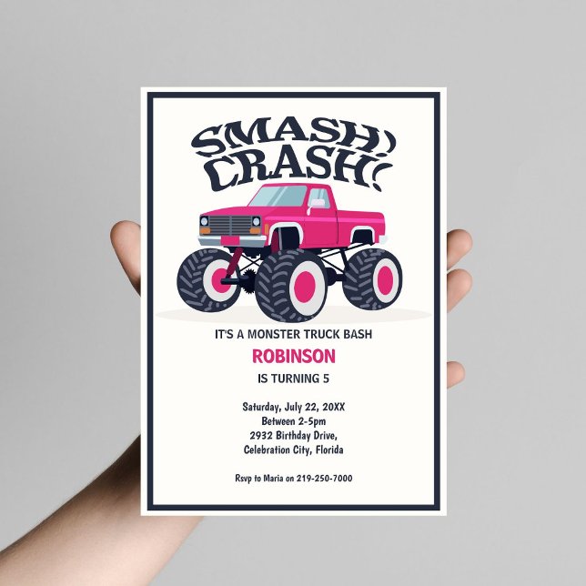 Smash Crash - Modern Rosa Monster Lastbil Birthday Inbjudningar (Skapare uppladdad)