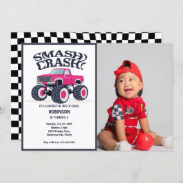 Smash Crash - Modern Rosa Monster Lastbil Photo Inbjudningar
