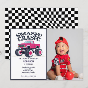 Smash Crash - Modern Rosa Monster Lastbil Photo Inbjudningar