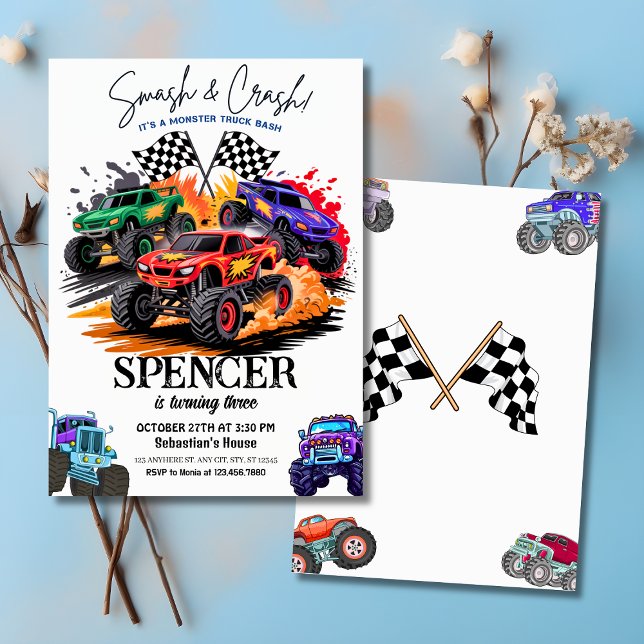 Smash & Crash Monster Lastbil Bash 3:e födelsedage Inbjudningar (Smash & Crash Monster Truck Bash 3rd Birthday Invitation
)