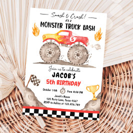Smash Crash Monster Lastbil Bash Red Boy Birthday Inbjudningar