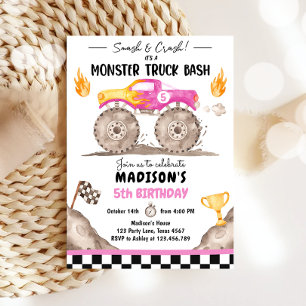 Smash Crash Monster Lastbil Bash Rosa Girl Birthda Inbjudningar