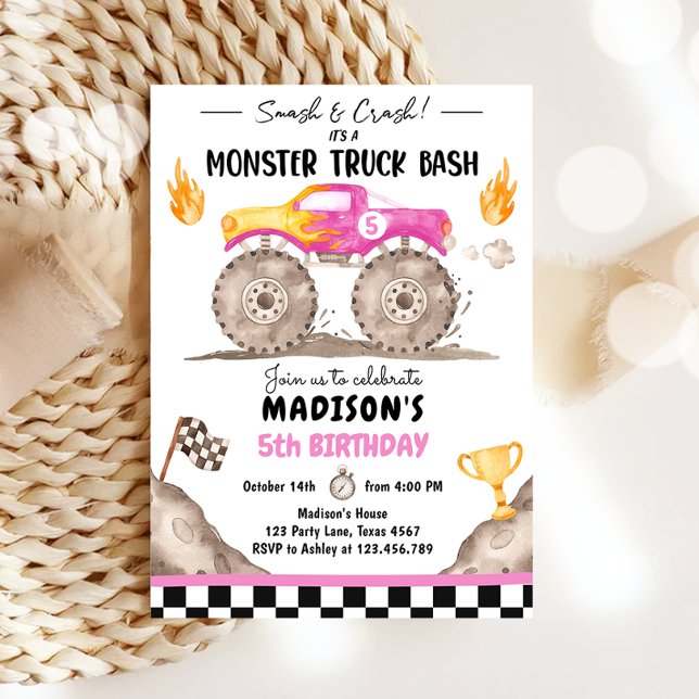 Smash Crash Monster Lastbil Bash Rosa Girl Birthda Inbjudningar (Skapare uppladdad)