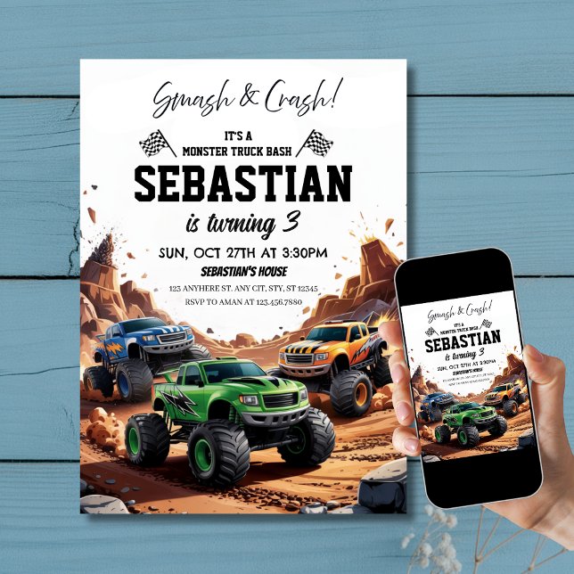 Smash & Crash Monster Lastbil Rally 3:e födelsedag Inbjudningar (Smash & Crash Monster Truck Rally 3rd Birthday Invitation
)