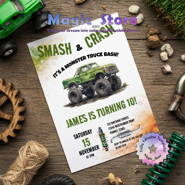 Smash & Crash Monster Truck Vattenfärg Födelsedag Inbjudningar (Skapare uppladdad)