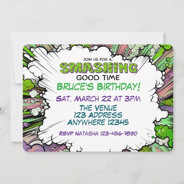 Smashing Green Purple Comic Birthday Inbjudningar (Framsida)