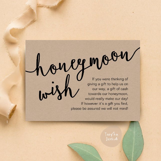 Smekmånad önskan kontantfond, en not om presenter tilläggskort (Honeymoon Fund Cash Wish, a note on gifts Enclosure Card Rustic Brown Kraft Background)