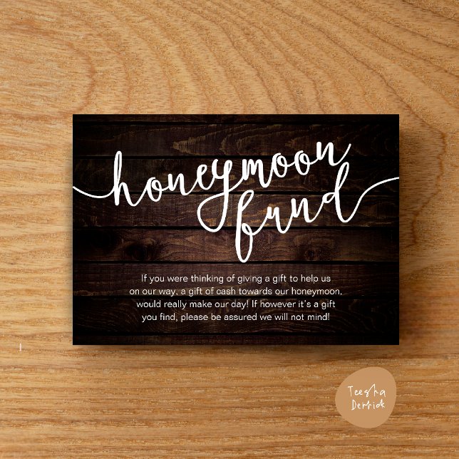 Smekmånadsfond Önskekassa, Modern Rustik Bröllop Tilläggskort (Honeymoon Fund Cash Wish, a note on gifts Enclosure Card Rustic Dark Wood)