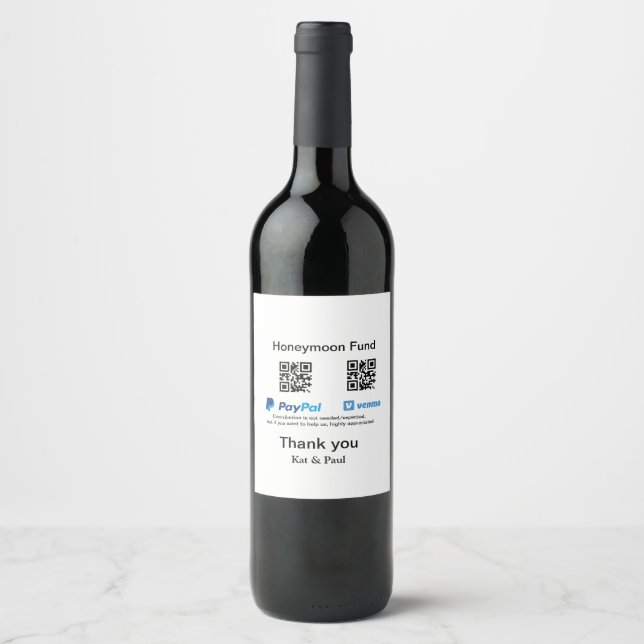 Smekmånadsfond PayPal Venmo QR-kod tack Vinflaska Etikett (Framsida)