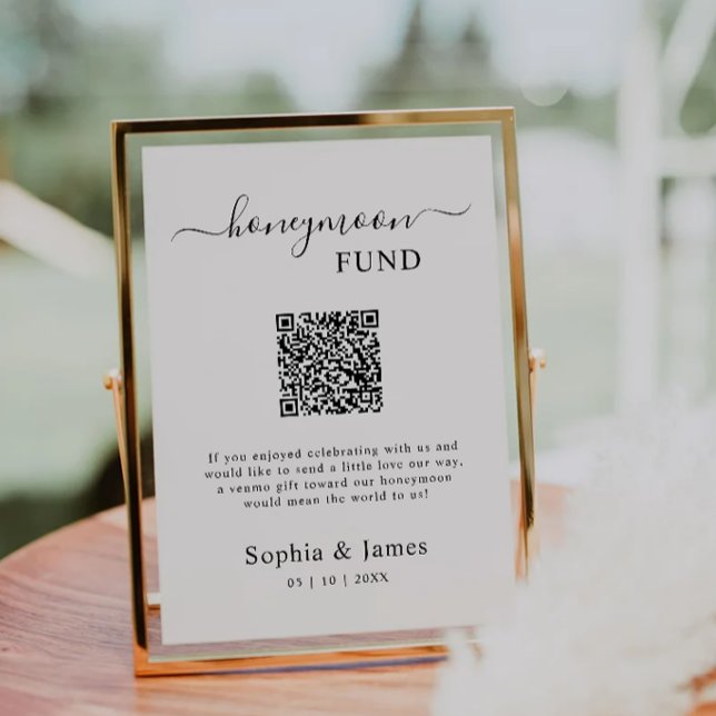 Smekmånadsfond QR-kod skylt utskrivbar, Bröllop Inbjudningar (Honeymoon Fund QR Code Sign Printable, Wedding Invitation)