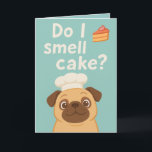 Smell Cake? Funny Pug Birthday Kort<br><div class="desc">Det här fina "Do I Smell Cake?"-hälsningskortet har en söt pug i kockens hatt, som ivrigt klipper ut en bit kaka. Perfekt för hundälskare och alla som njuter av en bra skrattar på sin födelsedag! Den lekande designen och den skarpa pastelliserade färg gör den till perfekt för barn, vänner eller...</div>