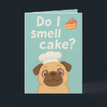 Smell Cake? Funny Pug Birthday Kort<br><div class="desc">Det här fina "Do I Smell Cake?"-hälsningskortet har en söt pug i kockens hatt, som ivrigt klipper ut en bit kaka. Perfekt för hundälskare och alla som njuter av en bra skrattar på sin födelsedag! Den lekande designen och den skarpa pastelliserade färg gör den till perfekt för barn, vänner eller...</div>