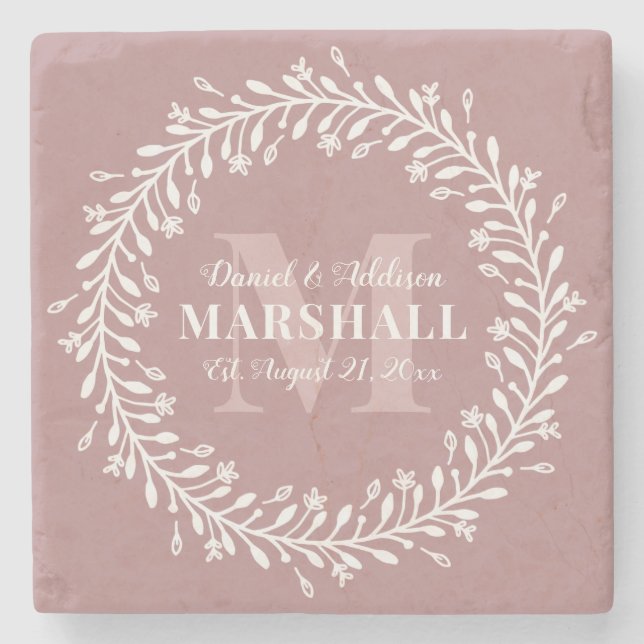 Smidespresent Nygift Par Rosa Krans Monogram Namn Stenunderlägg (Framsidan)