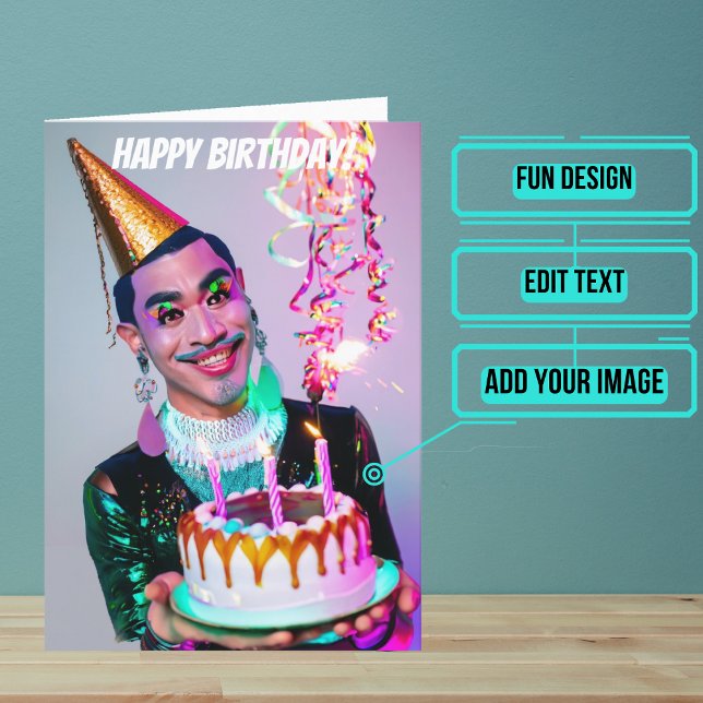 Smilande asiatisk Drag Queen Funny Birthday Kort (Make sure their LGBTQ+ birthday is as gay as they are.)