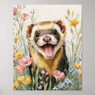 Smilande Ferret Wall Art - Cute Watercolor Ferret Poster