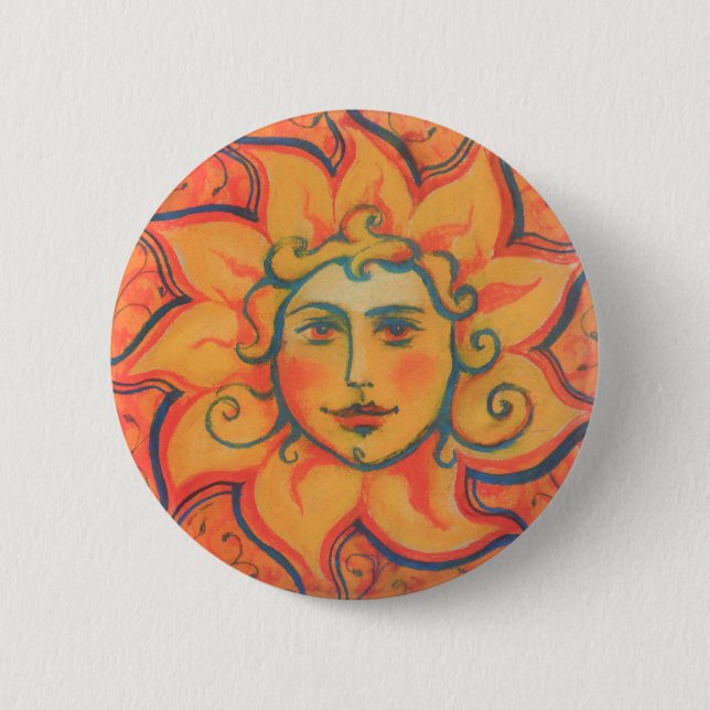 Smilande Sol, Fairytale Fantasy Art, Orange Gult Knapp (Framsida)