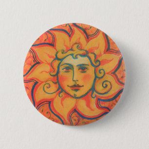Smilande Sol, Fairytale Fantasy Art, Orange Gult Knapp