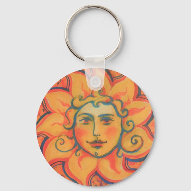 Smilande Sol, Fairytale Fantasy Art, Orange Gult Nyckelring (Framsida)