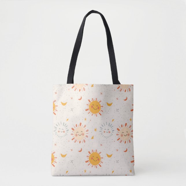 Smilande Sol & Måne Tote Bag, Cute Aesthetic Tygkasse (Framsida)