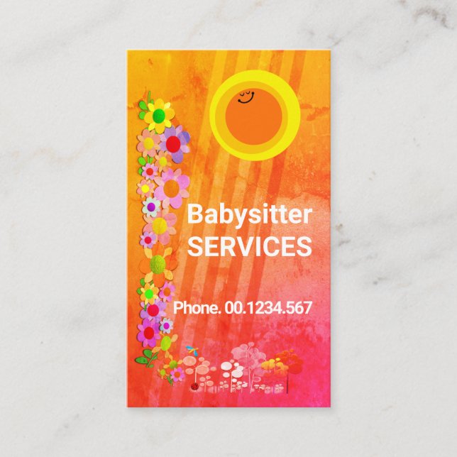 Smilande Sol Rays Colorful Flowers Daycare Nanny Visitkort (Framsida)
