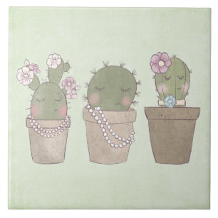 Smildrande Cactus Trio Watercolor Design Kakelplatta