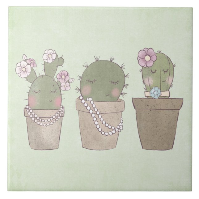 Smildrande Cactus Trio Watercolor Design Kakelplatta (Framsidan)
