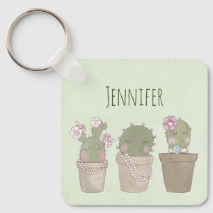 Smildrande Cactus Trio Watercolor Design Nyckelring
