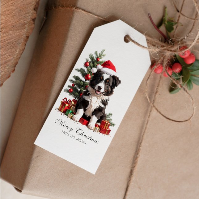 Smildrande Personlig för Gräns Collie Julvalpen Presentetikett (Smiling Border Collie Christmas Puppy Gift Tag)