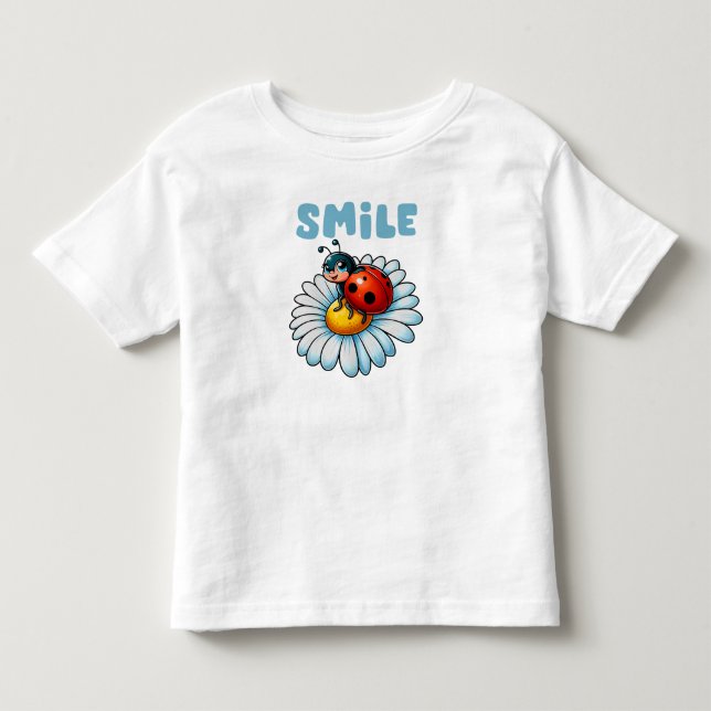 Smile, Cute Ladybug på en Daisy Flower Kids T Shirt (Framsida)