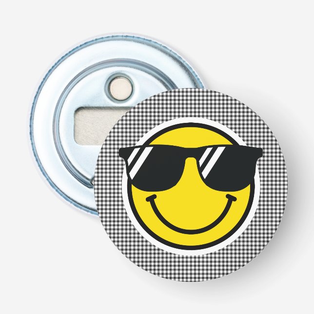 Smile Emoji Lycklig Ansikte Sunglasses Gingham Rol Flasköppnare (Framsidan)