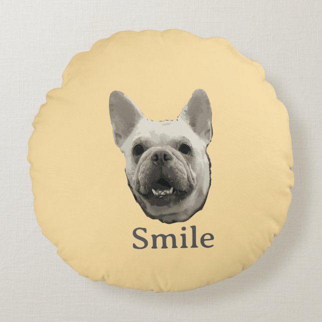 Smile French Bulldog Beige Rund Kudde (Framsidan)