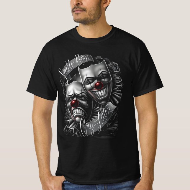 Smile Gråter nu senare Drama Mask Lowrider Chicano T Shirt (Framsida)
