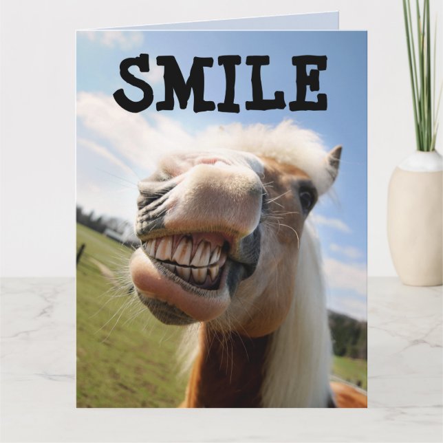 SMILE HORSE FUNNY BIRTHDAY BIG CARD KORT (Framsida)