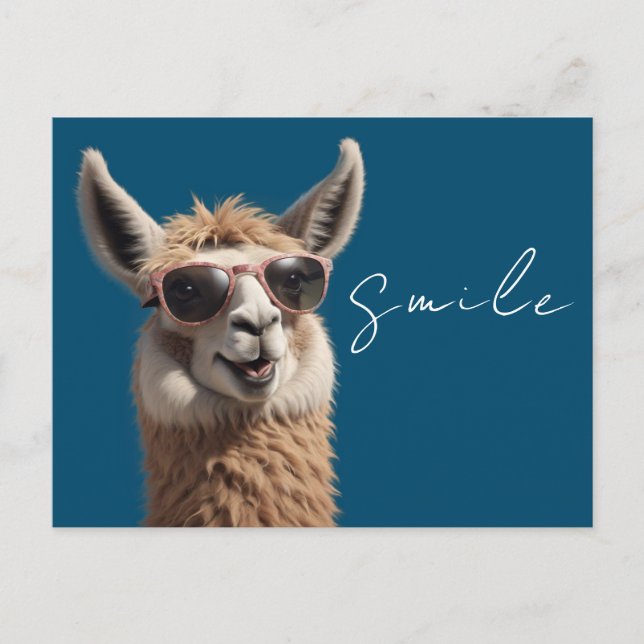 Smile Llama Cute Alpaca med solglasögon blå Vykort (Framsida)