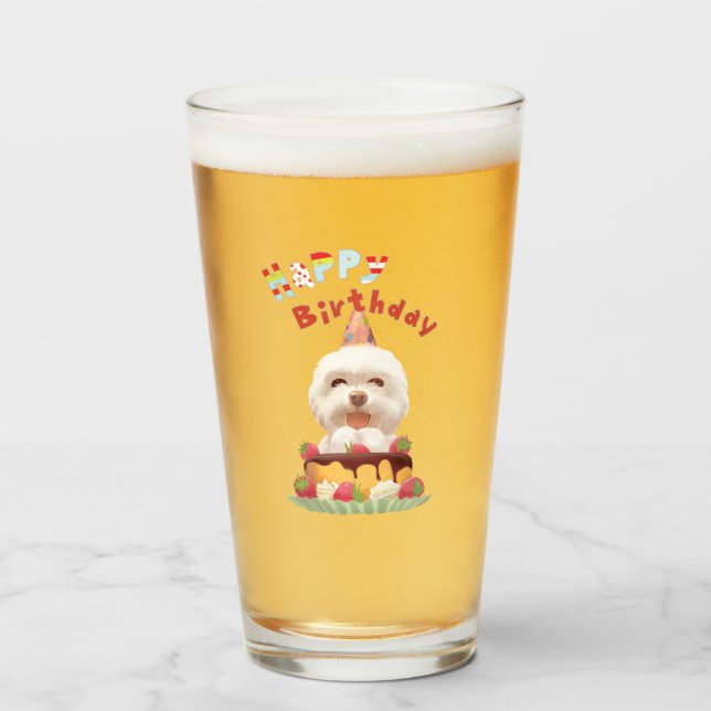 Smile Pup: Glad födelsedag Bichon & tårta konst Glaskopp (Framsida fylld)
