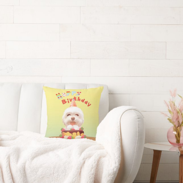 Smile Pup: Glad Födelsedag Bichon & Tårta Konst Kudde (Soffa)