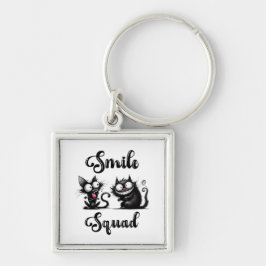 Smile Squad med roliga kattdesign Fyrkantig Silverfärgad Nyckelring