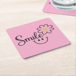 Smile Sunflower Linje Konst Rosa Fyrkantig Under Underlägg Papper Kvadrat