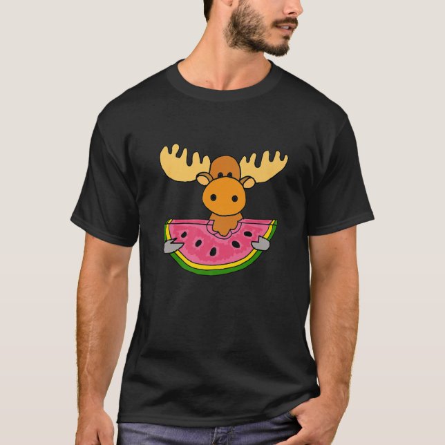 Smilenows Funny Moose Eating Watermelon Tecknad T Shirt (Framsida)