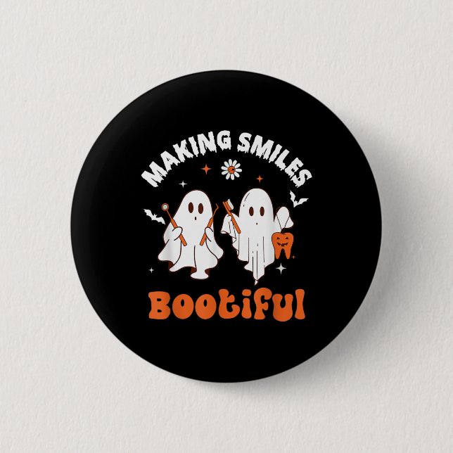 Smiles Bootiful Funny Ghost Dentist Halloween Dent Knapp (Framsida)