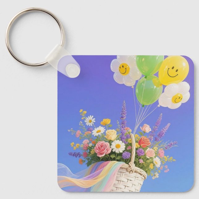 Smiley Balloon and Flower Basket Keychain Nyckelring (Framsida)