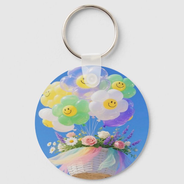Smiley Balloon och Flower Basket Keychain Nyckelring (Framsida)