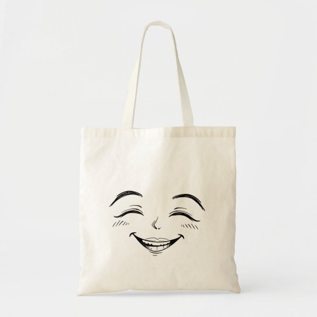 Smiley Face Tote Bag – Hand Drawn Black & White Tygkasse (Framsidan)