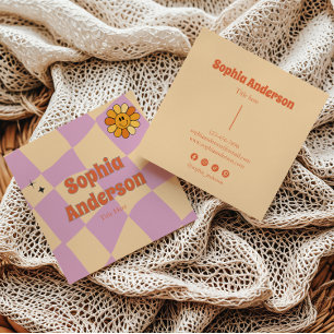 Smiley Flower Retro Checkerboard - persika och Lil Fyrkantigt Visitkort