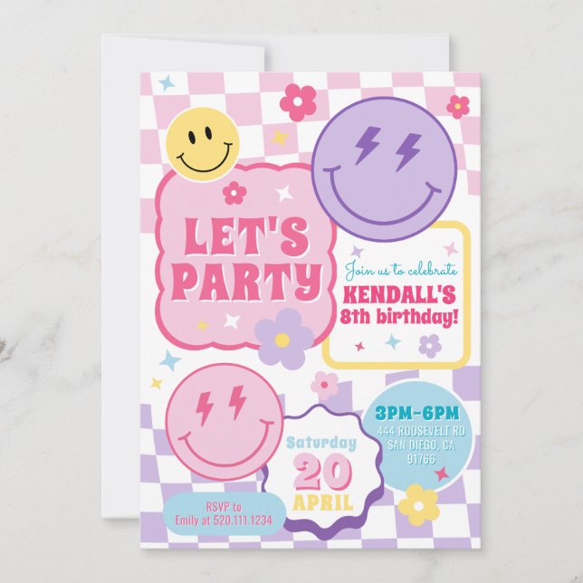 Smiley Preppy Face Colorful Birthday Invitation Inbjudningar (Framsida)
