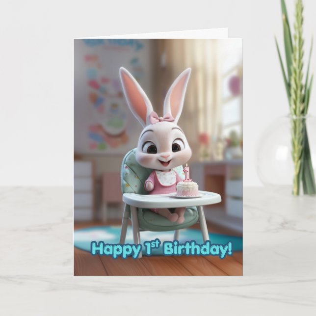 Smiling Baby Bunny in High Chair w/ 1st Bday Cake Kort (Framsida)