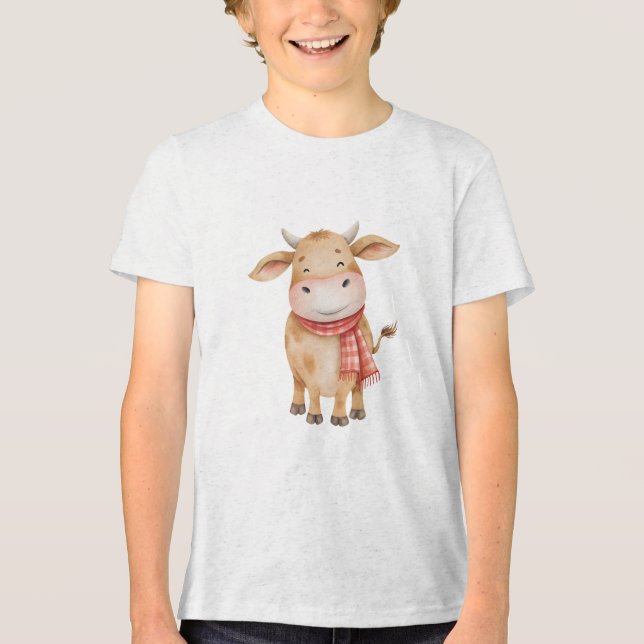 Smiling Baby Cow Watercolor Nursery Illustration T Shirt (Framsida)